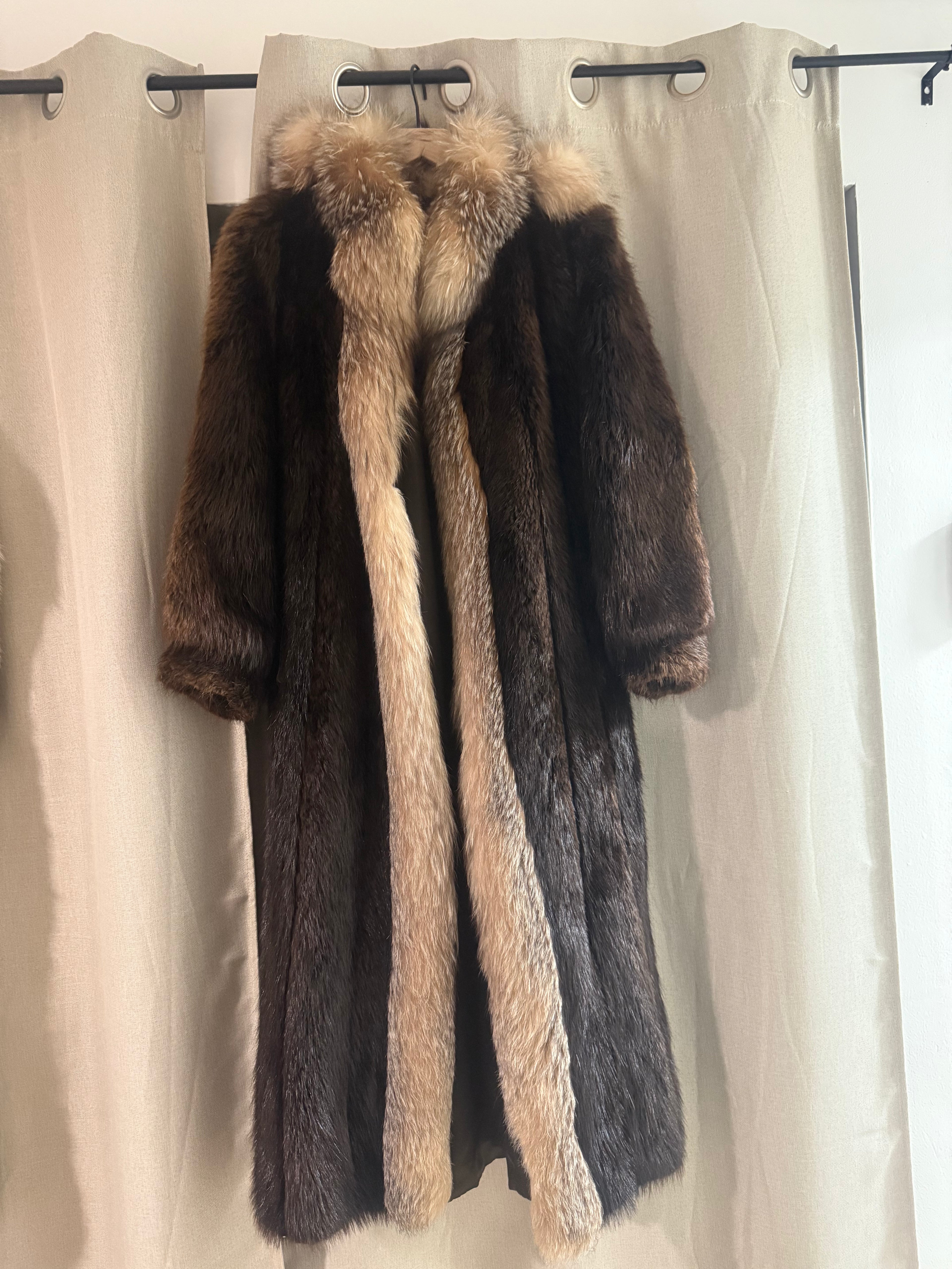 Vintage Genuine Mink and Crystal Fox Fur Hooded Full Length Coat