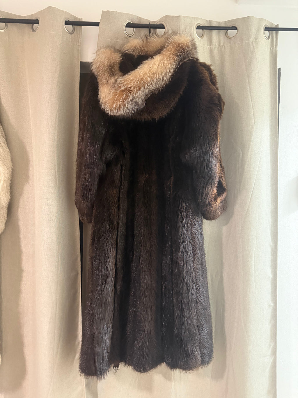 Vintage Genuine Mink and Crystal Fox Fur Hooded Full Length Coat